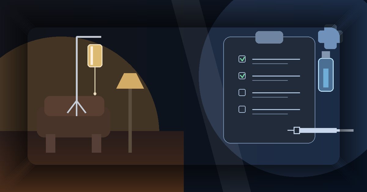 Mobile IV therapy scene contrasting luxury wellness branding with a clinical safety checklist
