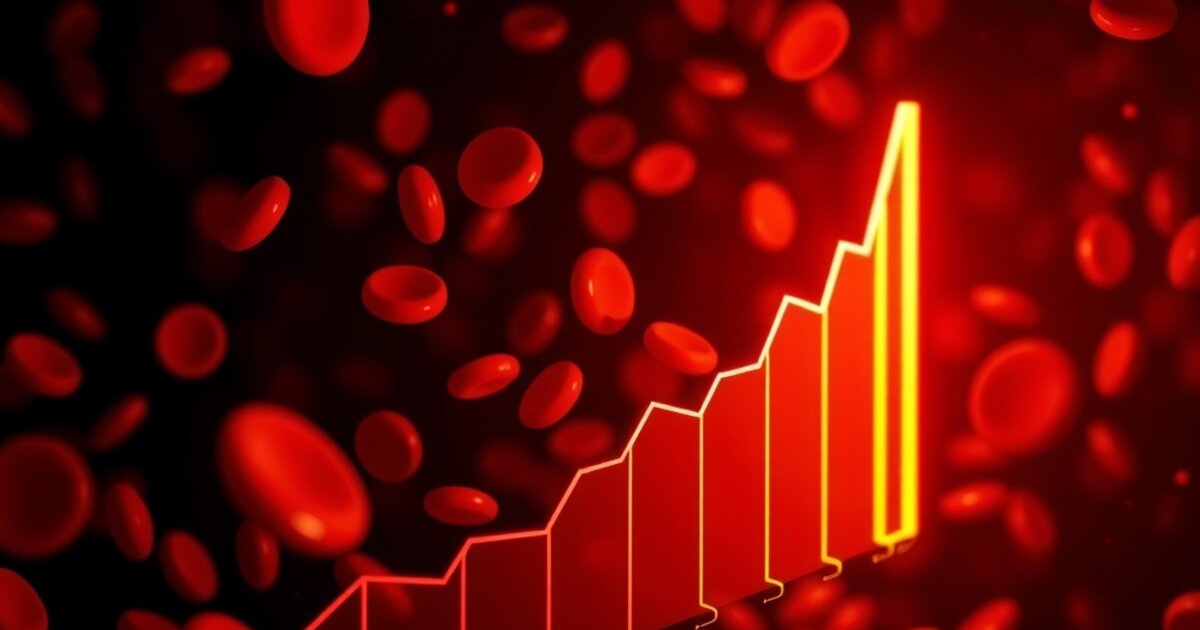 Labs-first wellness - red blood cells flowing into a rising data line, representing care that starts with blood work
