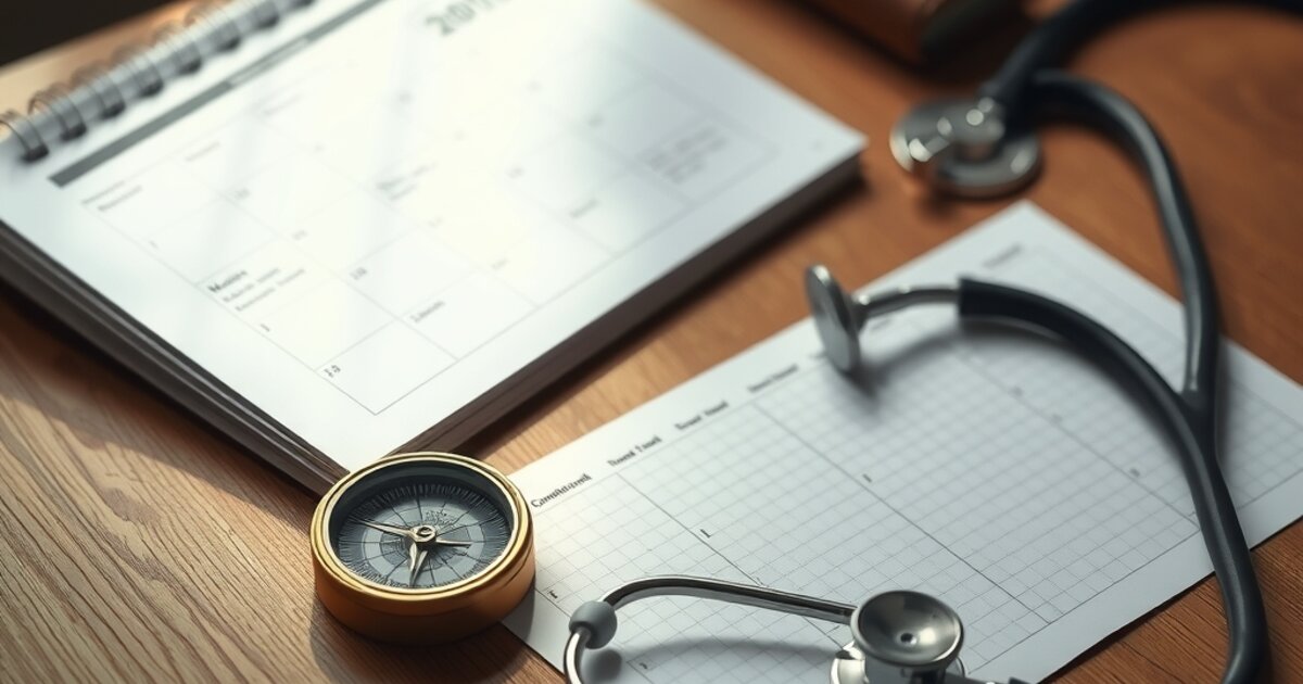 Wellness needs a definition - a compass resting on a calendar beside a stethoscope, representing measured, physician-guided daily wellness